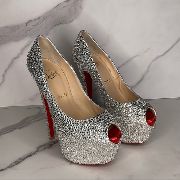 Christian Louboutin Highness AB Strass Crystal Peep Pump Size EU 37.5 / US 7.5 - Picture 10 of 14